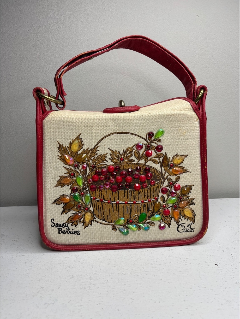 Vintage Enid Collins of Texas Saucy Berries Jeweled Canvas Handbag